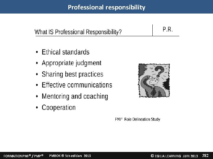 Professional responsibility FORMATIONPMI® / PMP® PMBOK ® 5 th edition 2013 © EGILIA LEARNING Professional responsibility FORMATIONPMI® / PMP® PMBOK ® 5 th edition 2013 © EGILIA LEARNING
