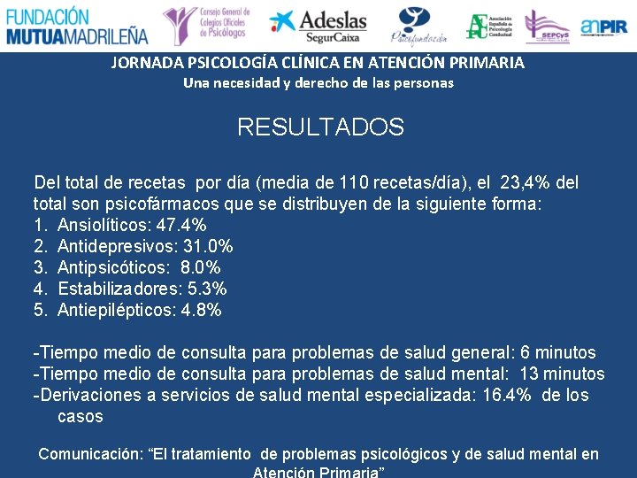 JORNADA PSICOLOGÍA CLÍNICA EN ATENCIÓN PRIMARIA Una necesidad y derecho de las personas RESULTADOS