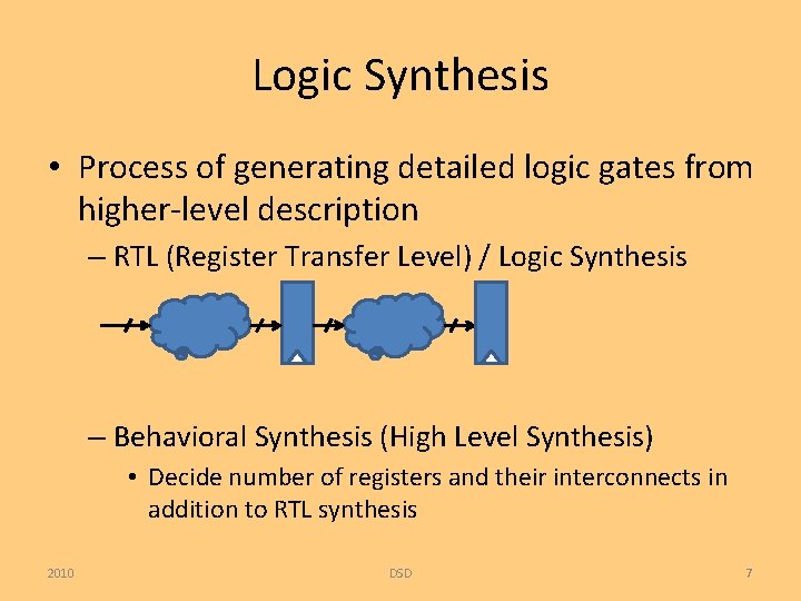 Logic Synthesis • Process of generating detailed logic gates from higher-level description – RTL