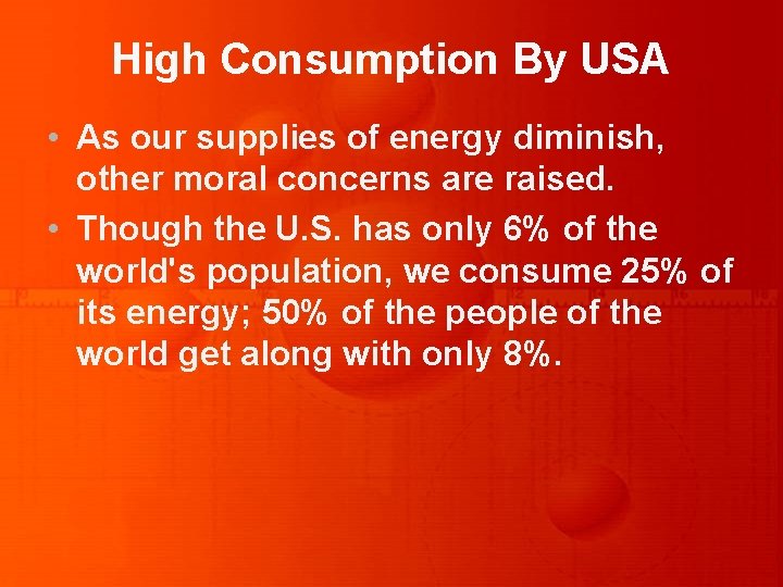 High Consumption By USA • As our supplies of energy diminish, other moral concerns