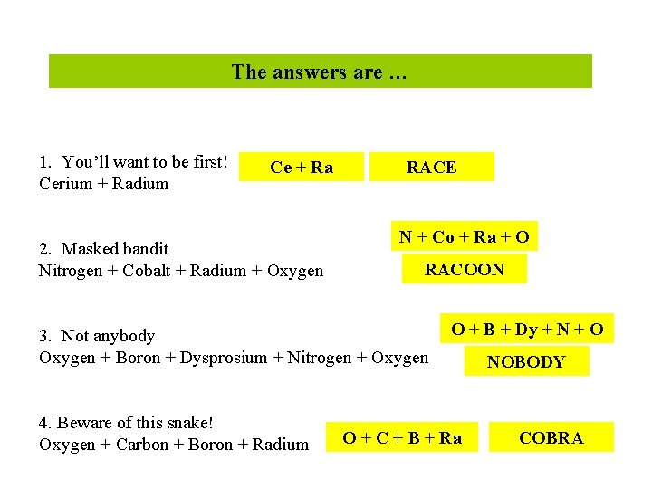 The answers are … 1. You’ll want to be first! Cerium + Radium Ce