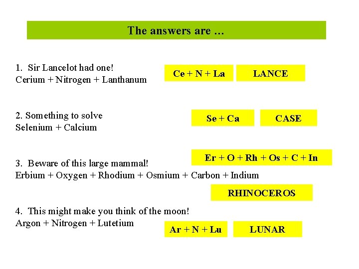 The answers are … 1. Sir Lancelot had one! Cerium + Nitrogen + Lanthanum