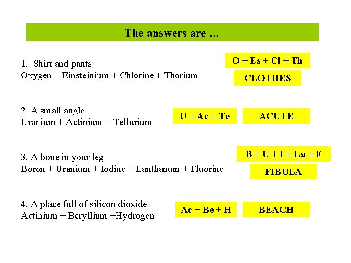 The answers are … 1. Shirt and pants Oxygen + Einsteinium + Chlorine +