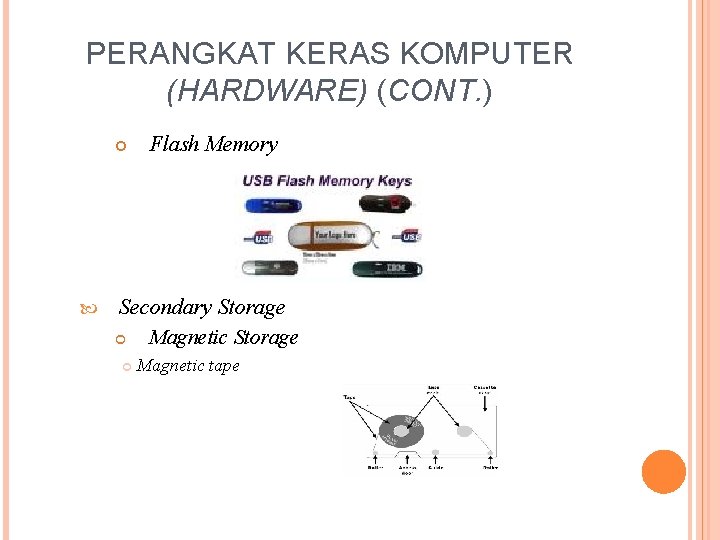PERANGKAT KERAS KOMPUTER (HARDWARE) (CONT. ) Flash Memory Secondary Storage Magnetic tape 