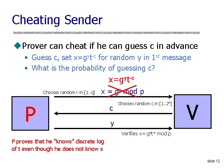 Cheating Sender u. Prover can cheat if he can guess c in advance •