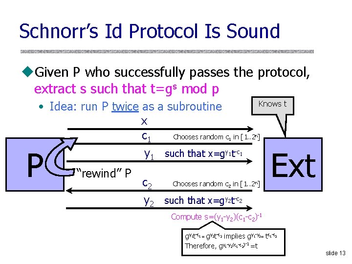 Schnorr’s Id Protocol Is Sound u. Given P who successfully passes the protocol, extract