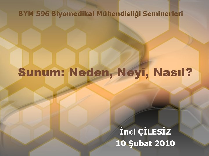 BYM 596 Biyomedikal Mühendisliği Seminerleri Sunum: Neden, Neyi, Nasıl? İnci ÇİLESİZ 10 Şubat 2010