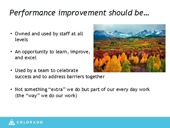 Performance improvement should be… • Owned and used by staff at all levels •