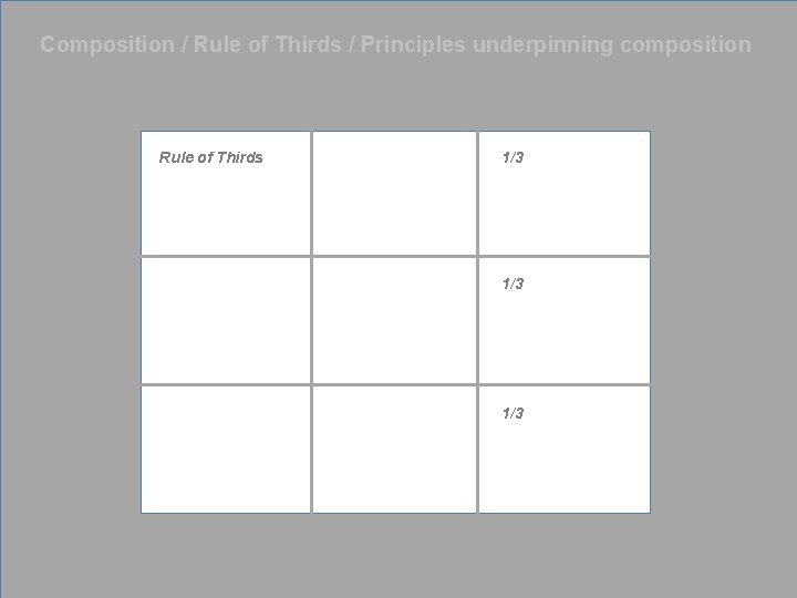 Composition / Rule of Thirds / Principles underpinning composition Rule of Thirds 1/3 1/3