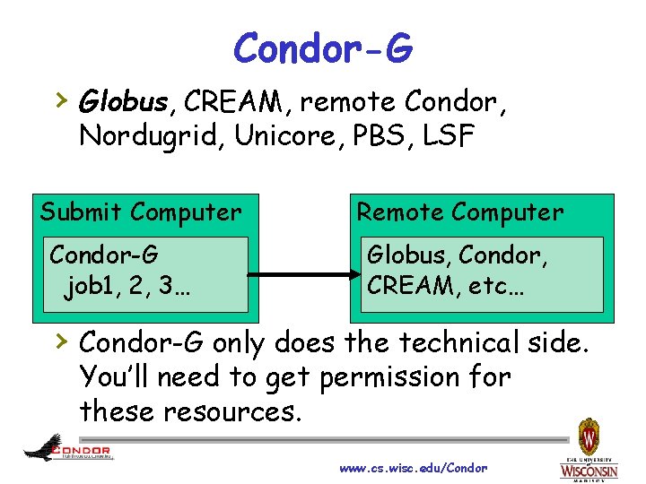 Condor-G › Globus, CREAM, remote Condor, Nordugrid, Unicore, PBS, LSF Submit Computer Condor-G job