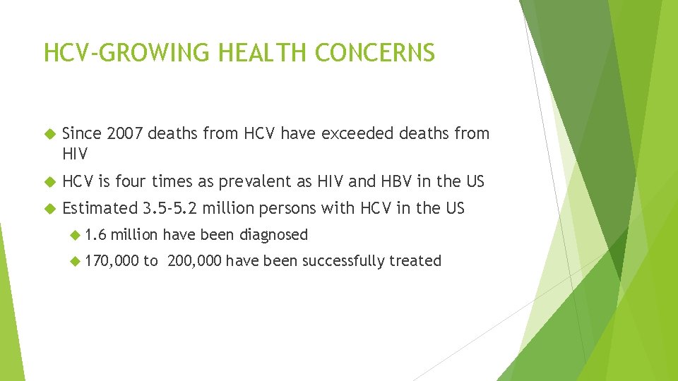 HCV-GROWING HEALTH CONCERNS Since 2007 deaths from HCV have exceeded deaths from HIV HCV