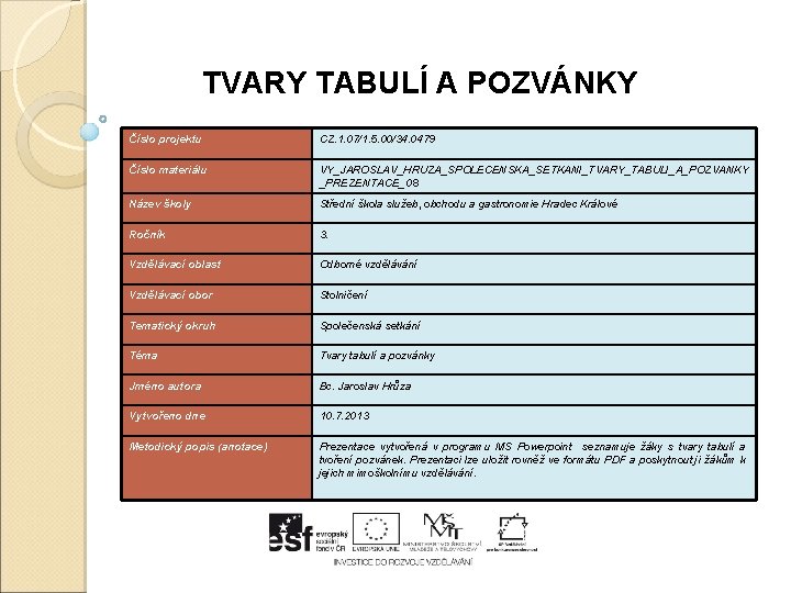 TVARY TABULÍ A POZVÁNKY Číslo projektu CZ. 1. 07/1. 5. 00/34. 0479 Číslo materiálu