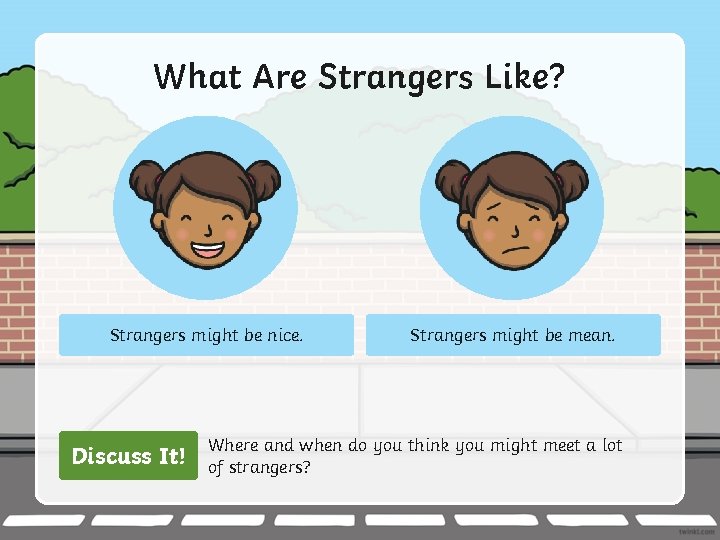 What Are Strangers Like? Strangers might be nice. Discuss It! Strangers might be mean.