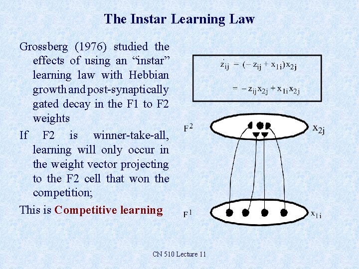 The Instar Learning Law Grossberg (1976) studied the effects of using an “instar” learning