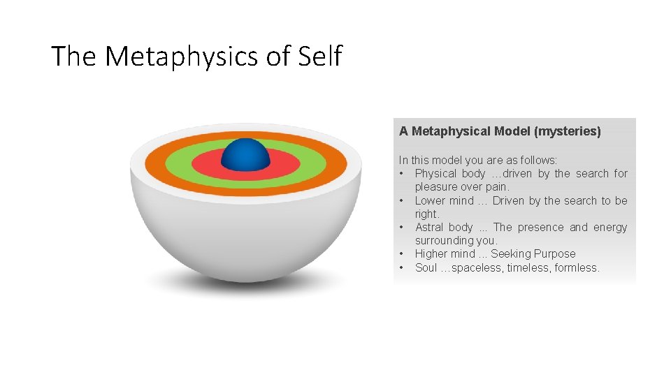 The Metaphysics of Self A Metaphysical Model (mysteries) In this model you are as