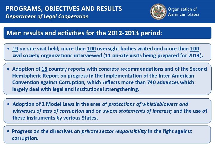 PROGRAMS, OBJECTIVES AND RESULTS Department of Legal Cooperation Main results and activities for the