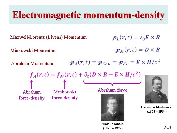 Electromagnetic momentum-density Maxwell-Lorentz (Livens) Momentum Minkowski Momentum Abraham force-density Minkowski force-density Abraham force Hermann