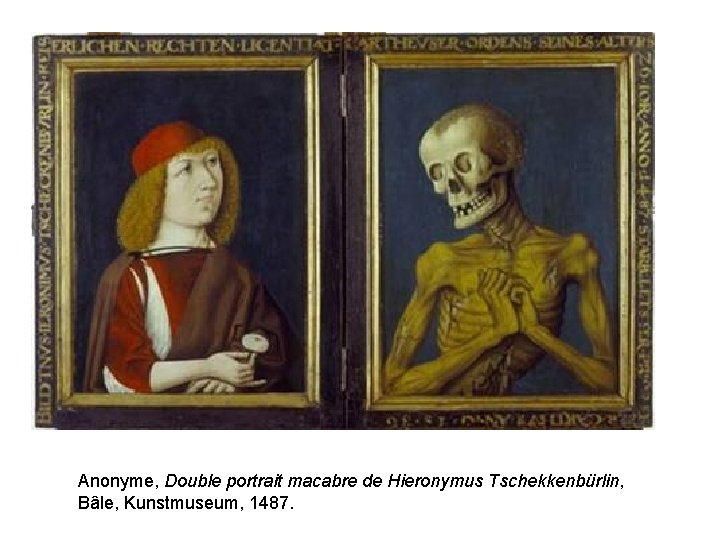  Anonyme, Double portrait macabre de Hieronymus Tschekkenbürlin, Bâle, Kunstmuseum, 1487. 