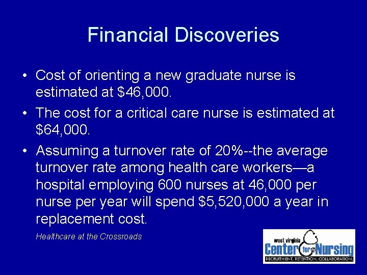 Financial Discoveries • Cost of orienting a new graduate nurse is estimated at $46, Financial Discoveries • Cost of orienting a new graduate nurse is estimated at $46,
