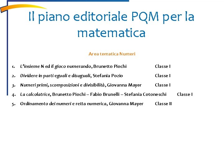 Il piano editoriale PQM per la matematica Area tematica Numeri 1. L’insieme N ed