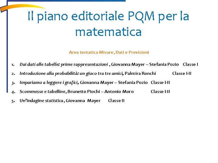 Il piano editoriale PQM per la matematica Area tematica Misure, Dati e Previsioni 1.