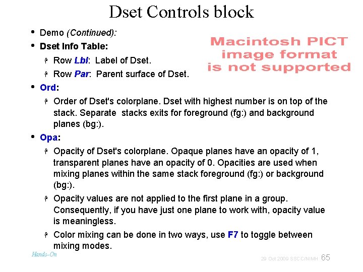 Dset Controls block • • • Demo (Continued): Dset Info Table: Row Lbl: Label