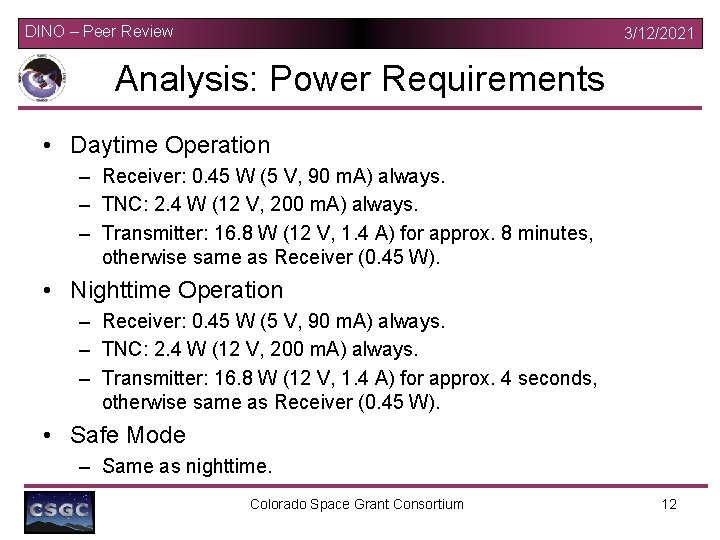 DINO – Peer Review 3/12/2021 Analysis: Power Requirements • Daytime Operation – Receiver: 0.