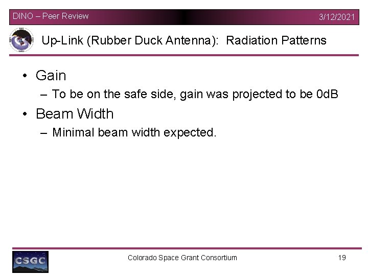 DINO – Peer Review 3/12/2021 Up-Link (Rubber Duck Antenna): Radiation Patterns • Gain –