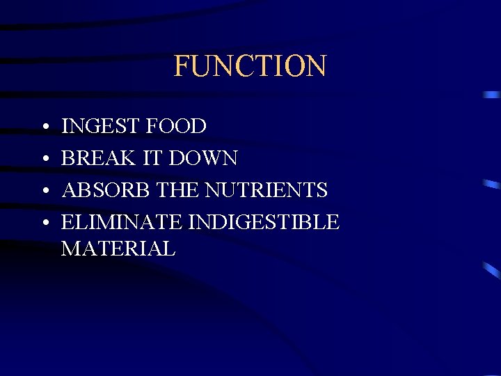 FUNCTION • • INGEST FOOD BREAK IT DOWN ABSORB THE NUTRIENTS ELIMINATE INDIGESTIBLE MATERIAL