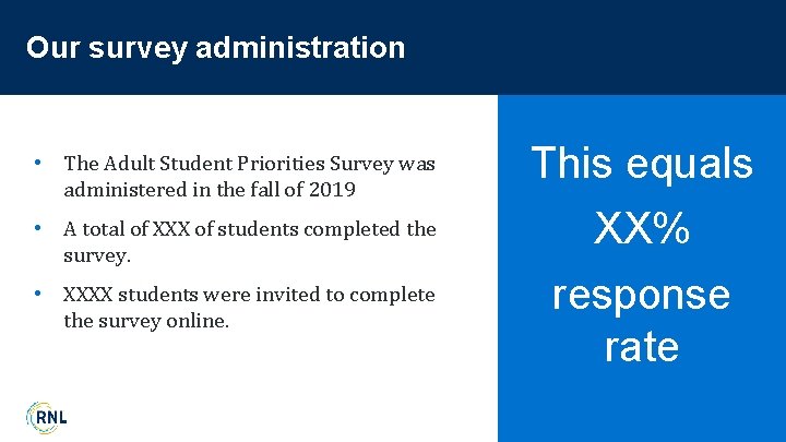 Our survey administration • The Adult Student Priorities Survey was administered in the fall