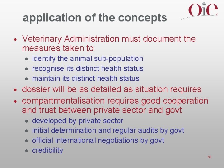 application of the concepts · Veterinary Administration must document the measures taken to ·