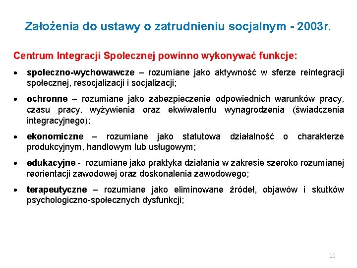 Założenia do ustawy o zatrudnieniu socjalnym - 2003 r. Centrum Integracji Społecznej powinno wykonywać