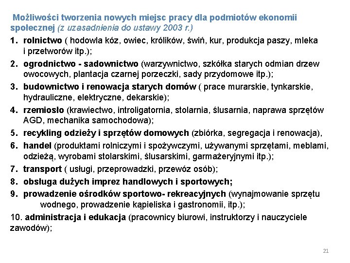  Możliwości tworzenia nowych miejsc pracy dla podmiotów ekonomii społecznej (z uzasadnienia do ustawy