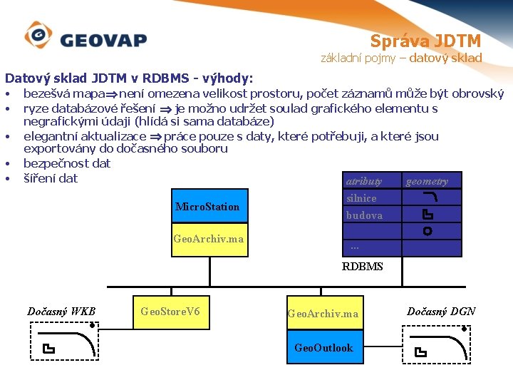 Správa JDTM základní pojmy – datový sklad Datový sklad JDTM v RDBMS - výhody: