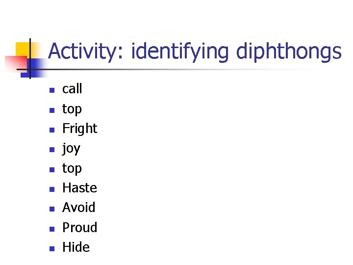 Activity: identifying diphthongs n n n n n call top Fright joy top Haste