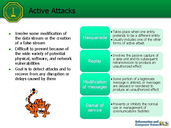 Active Attacks n n n Involve some modification of the data stream or the