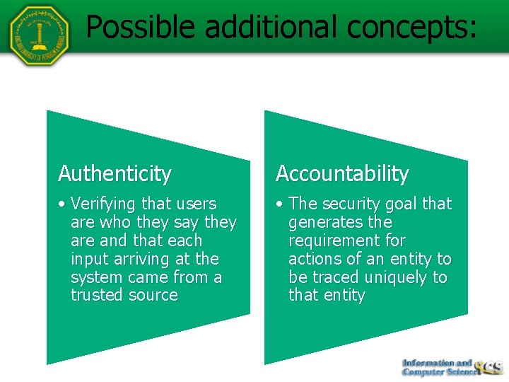 Possible additional concepts: Authenticity Accountability • Verifying that users are who they say they