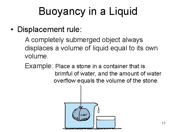 Buoyancy in a Liquid • Displacement rule: A completely submerged object always displaces a