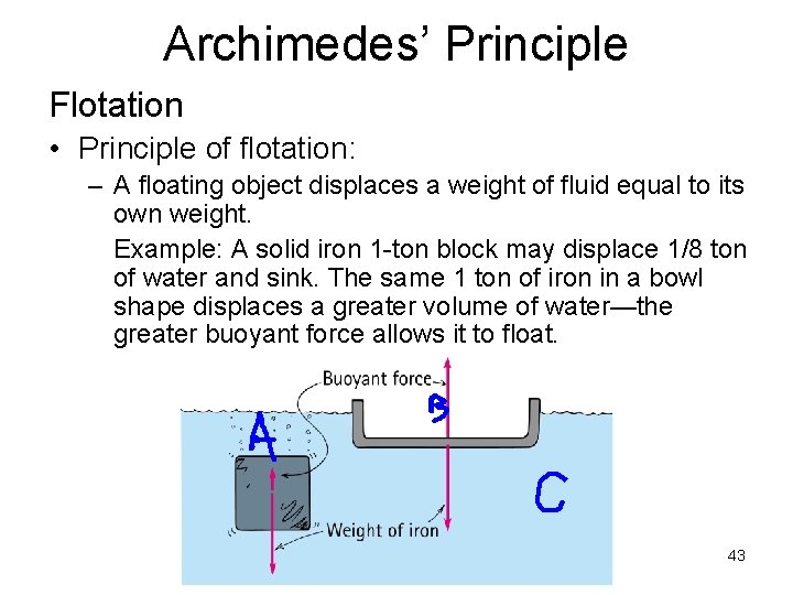 Archimedes’ Principle Flotation • Principle of flotation: – A floating object displaces a weight