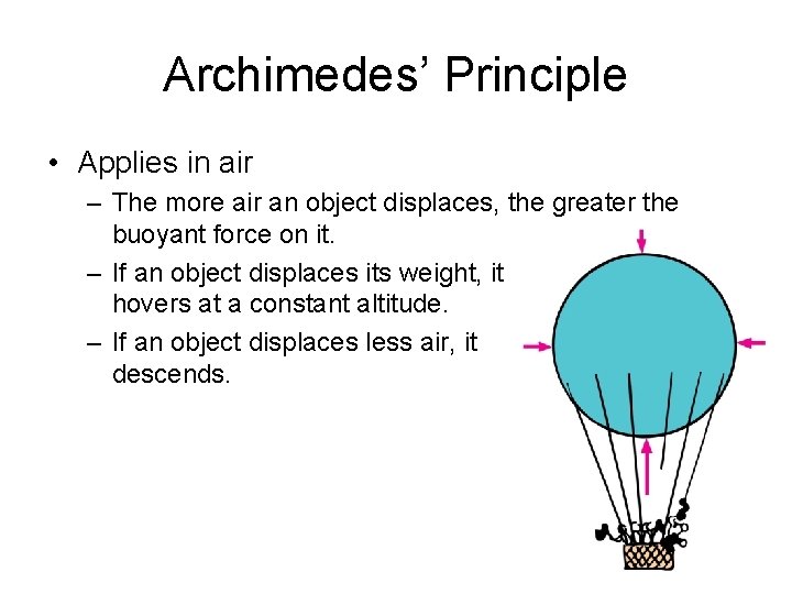 Archimedes’ Principle • Applies in air – The more air an object displaces, the