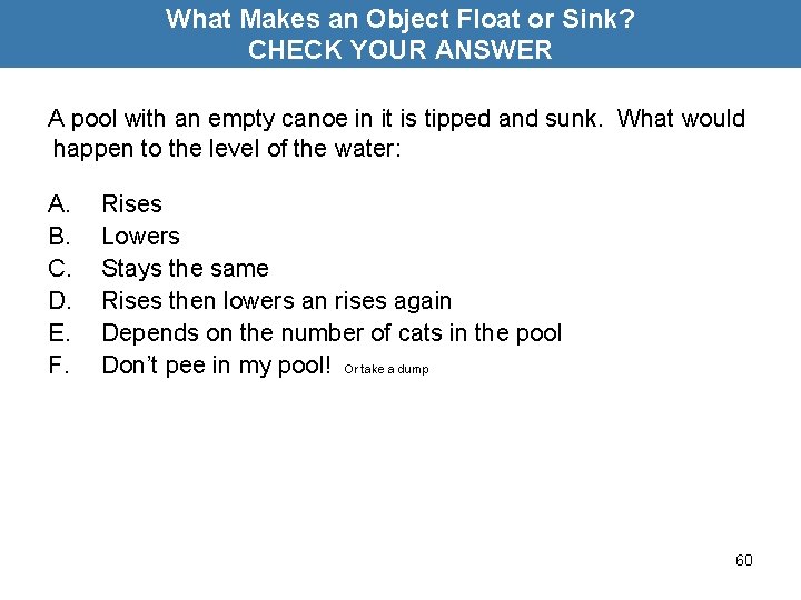 What Makes an Object Float or Sink? CHECK YOUR ANSWER A pool with an