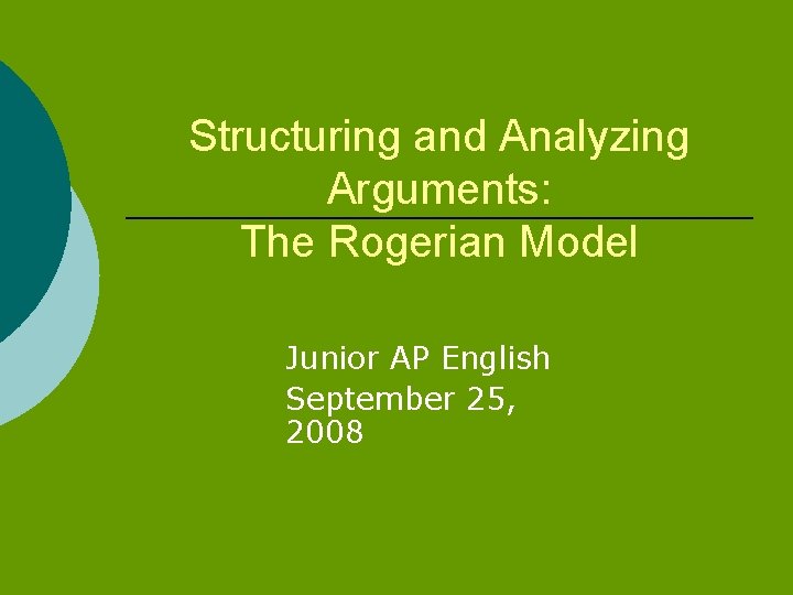 Structuring and Analyzing Arguments: The Rogerian Model Junior AP English September 25, 2008 