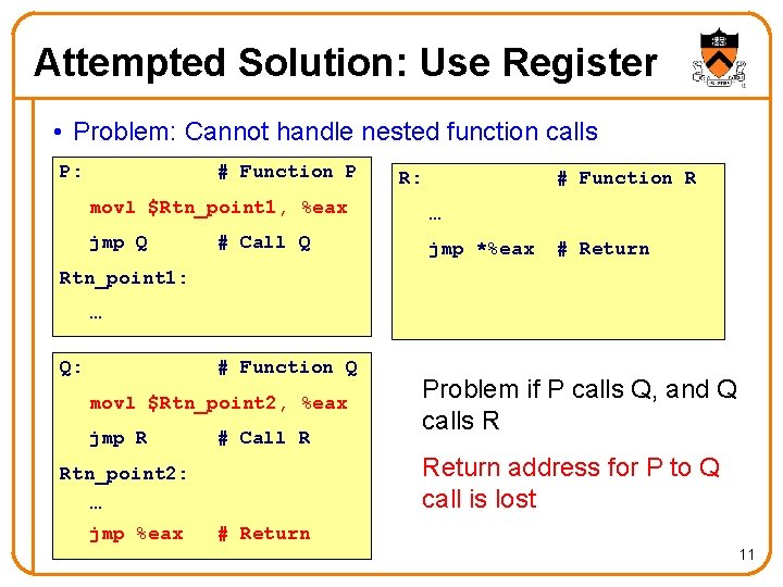 Attempted Solution: Use Register • Problem: Cannot handle nested function calls P: # Function Attempted Solution: Use Register • Problem: Cannot handle nested function calls P: # Function