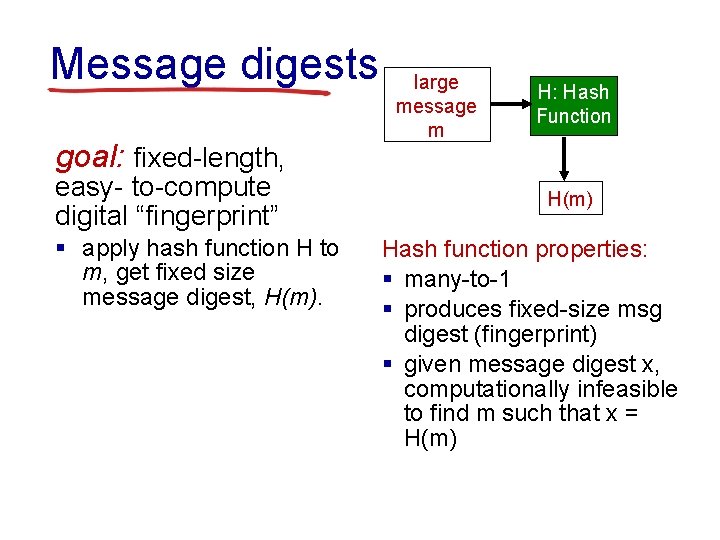 Message digests goal: fixed-length, easy- to-compute digital “fingerprint” § apply hash function H to