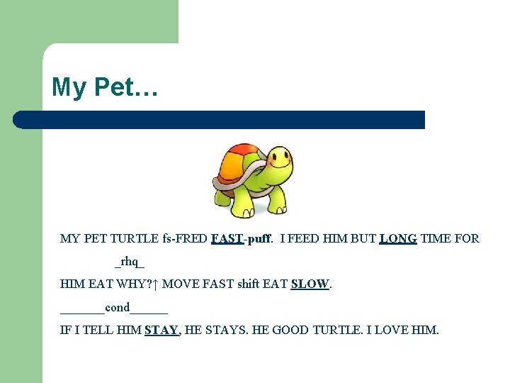 My Pet… MY PET TURTLE fs-FRED FAST-puff. I FEED HIM BUT LONG TIME FOR