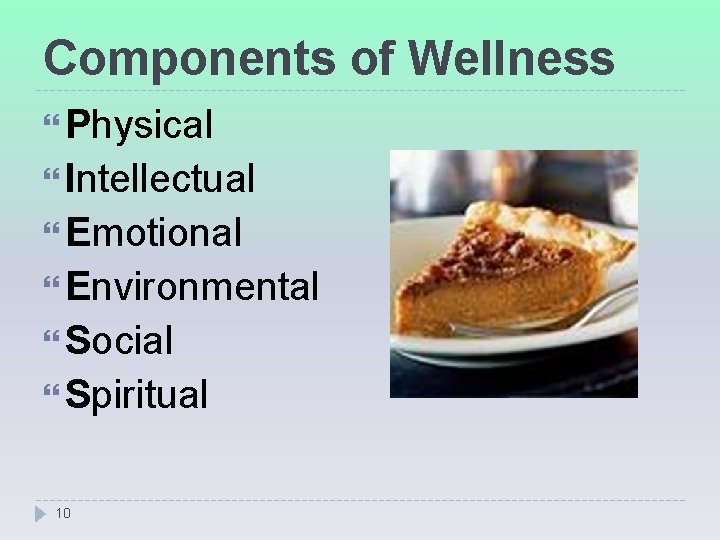 Components of Wellness Physical Intellectual Emotional Environmental Social Spiritual 10 