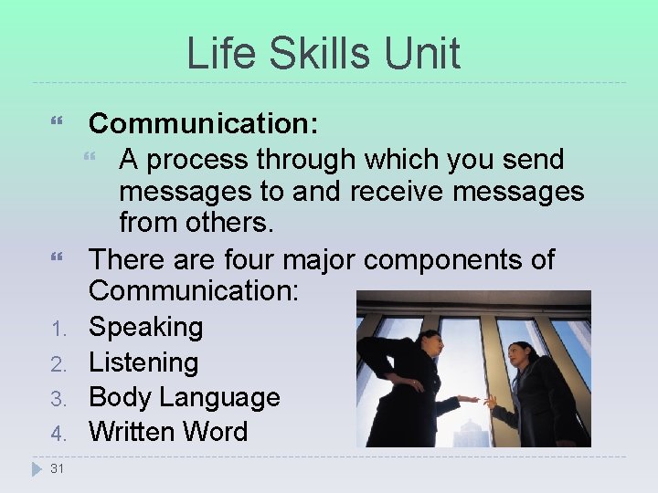 Life Skills Unit 1. 2. 3. 4. 31 Communication: A process through which you