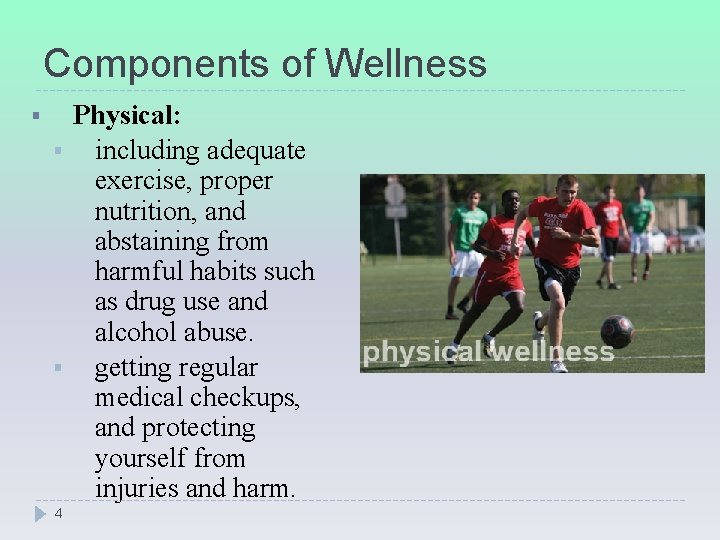 Components of Wellness § § § 4 Physical: including adequate exercise, proper nutrition, and