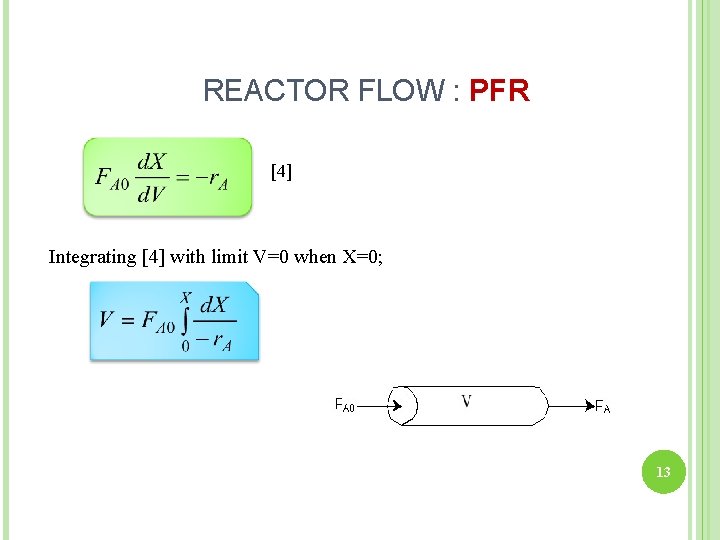 REACTOR FLOW : PFR [4] Integrating [4] with limit V=0 when X=0; 13 