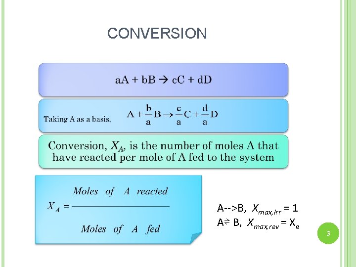 CONVERSION A-->B, Xmax, irr = 1 A⇌ B, Xmax, rev = Xe 3 